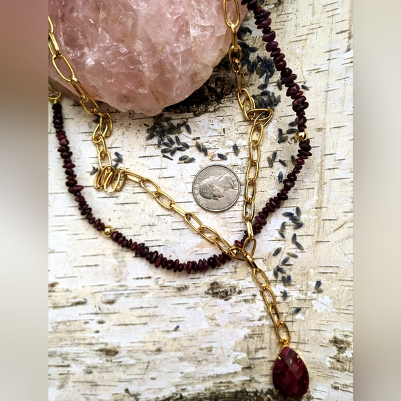 Natural Ruby Chips In 2-Strand Paperclip Necklace W/ Genuine Ruby Pendant - Picture 11 of 12